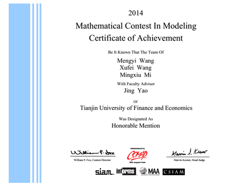 美国大学生数学建模竞赛Honorable%20Mention奖项证书